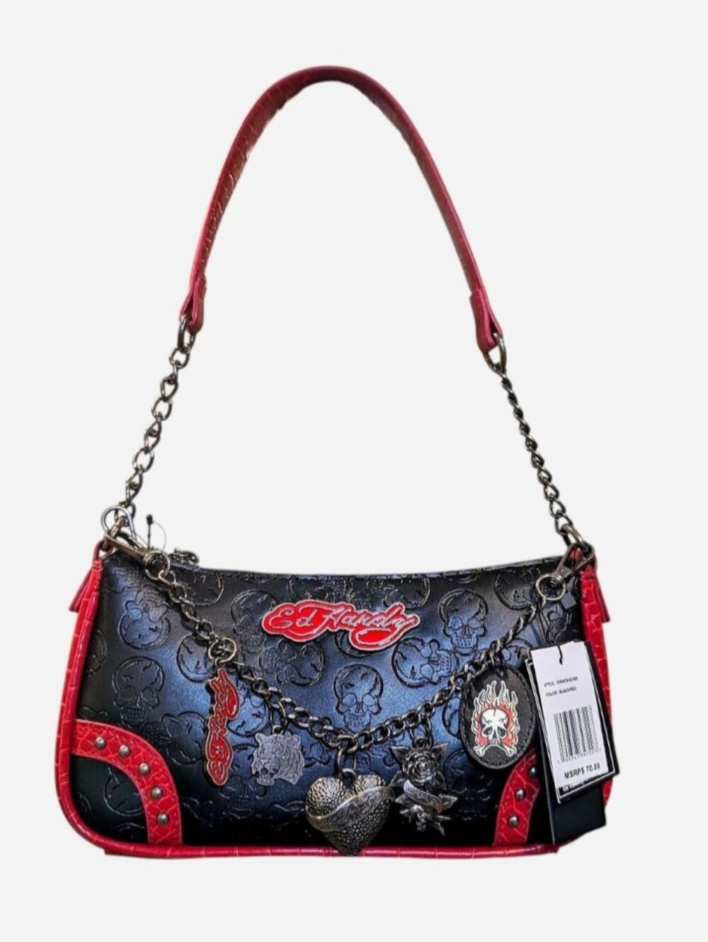 Ed Hardy Black & Red Logo Embossed Hobo Shoulder Bag